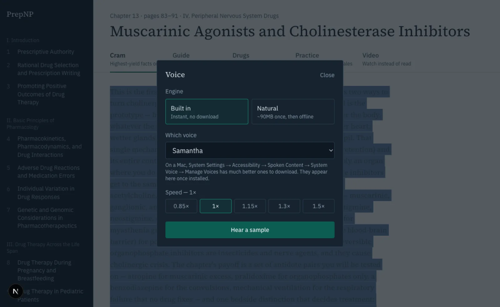 Voice settings for read-aloud study mode